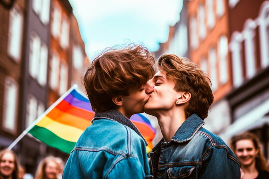 Two boys kissing in the street on the day of the gay pride demonstration