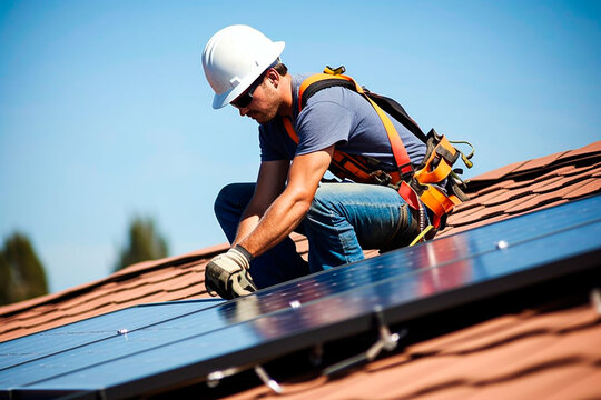 Worker mounting solar panels on a roof of a private house