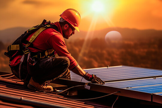 Worker Mounting Solar Panels On A Roof Of A Private House