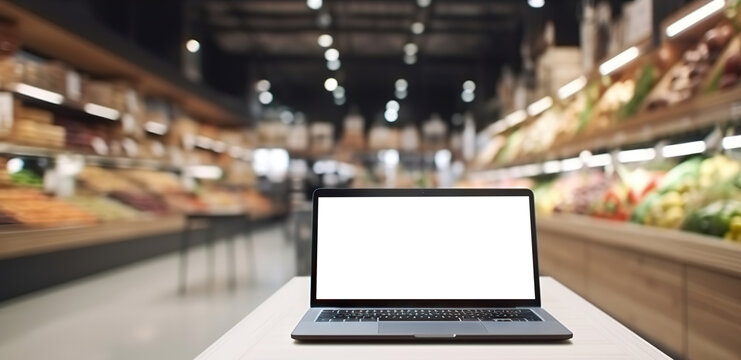 Laptop computer mock-up with cut out screen on background of supermarket. Copy space. Based on Generative AI