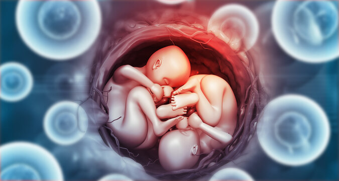 Twins fetus on scientific background. 3d illustration.