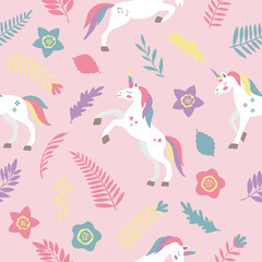 Seamless vector pattern with cute unicorns on a floral background. Ideal for textiles, wallpapers or prints.