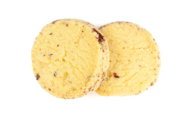 Two whole wheat chip cookies on a white background. Top-down view. Food Flat lay.