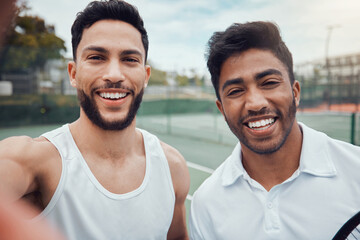 Happy man, friends and tennis for portrait selfie, social media or online post together on the court. Athletic men smiling in sports training for photo, memory or vlog in friendship, fitness or sport
