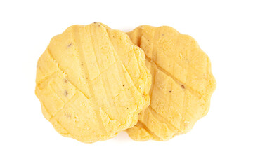 Two carrom seeds cookies or salted ajwain cookies on a white background. Top-down view. Food Flat...