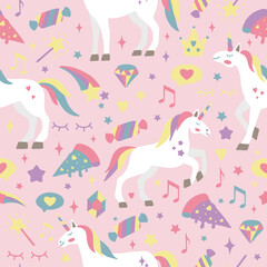 Hand drawn seamless vector pattern with cute unicorns, stars, hearts, diamonds. Perfect for fabric, wallpaper, wrapping paper or nursery decor.