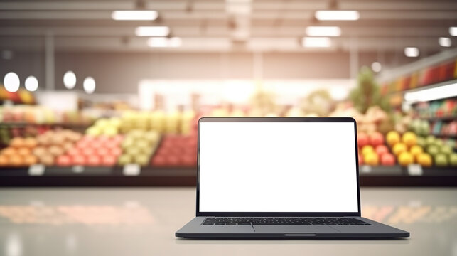 Laptop computer mock-up with cut out screen on background of supermarket. Copy space. Based on Generative AI