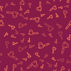 Brown line Wooden axe icon isolated seamless pattern on red background. Lumberjack axe. Vector