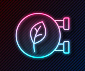 Glowing neon line Eco shop icon isolated on black background. Organic shop or eco products sign. Vector