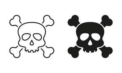 Skull with Crossbones for Celebration Halloween Line and Silhouette Black Icon Set. Skeleton Face with Cross Bones Pictogram. Danger, Poison, Toxic Symbol Collection. Isolated Vector Illustration