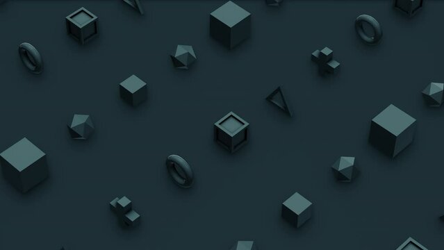 Futuristic 3d animation of many different shapes seamless moving in isometric view on dark background. Computer generated loop animation. 4K seamless motion design