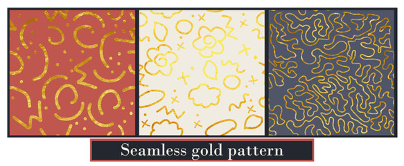 Seamless pattern in line style. wrapping decoration. Set with colored background and golden abstract, fine vector creative motif.