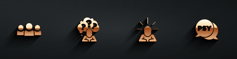 Set Users group, Head with question mark, Depression and Psychology, Psi icon with long shadow. Vector