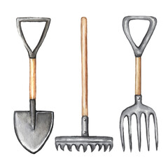 Set of watercolor hand drawn gardening tools