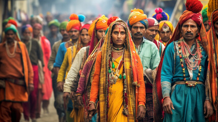 Fototapeta na wymiar A vibrant procession of people in traditional attire, celebrating a cultural festival Generative AI