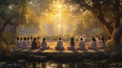 A group of devotees engaged in prayer and meditation in a tranquil garden Generative AI - obrazy, fototapety, plakaty