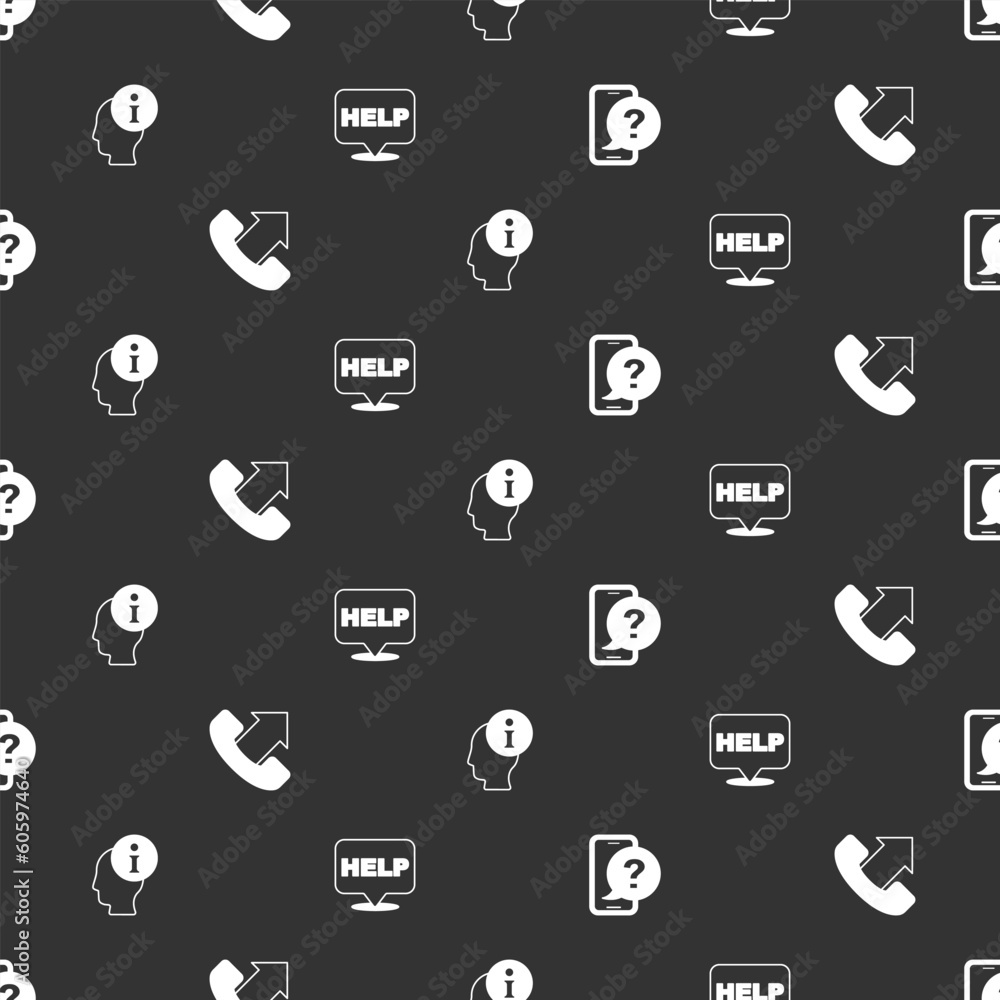 Poster set telephone 24 hours support, , information and speech bubble with text help on seamless pattern. 