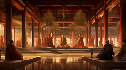 A serene Buddhist temple with monks engaged in prayer and contemplation Generative AI - obrazy, fototapety, plakaty