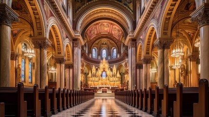 A grand cathedral interior with ornate pillars, arches, and beautiful religious artwork Generative AI