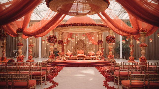A vibrant Indian wedding ceremony with elaborate decorations and traditional attire Generative AI