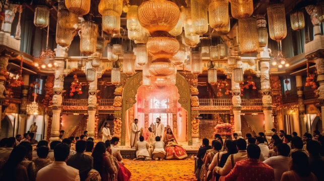 A vibrant Indian wedding ceremony with elaborate decorations and traditional attire Generative AI