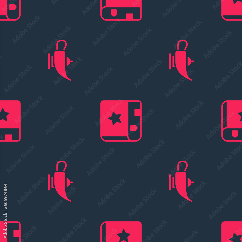 Poster set magic lamp or aladdin and ancient magic book on seamless pattern. vector