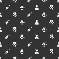 Set Krampus, heck, Religious cross in heart, Holy water bottle and Christian chalice on seamless pattern. Vector