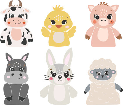 Farm animals isolted vector, Cute Animals collection, Farm Clipart, Portrait animal vector, Baby animal elements set