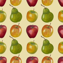 green red yellow apples pears watercolor pattern
