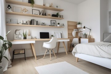 White minimalist living room interior with sofa on a wooden floor, decor on a large wall, white landscape in window. Home Nordic interior | Scandinavian interior poster mock up,Generative AI