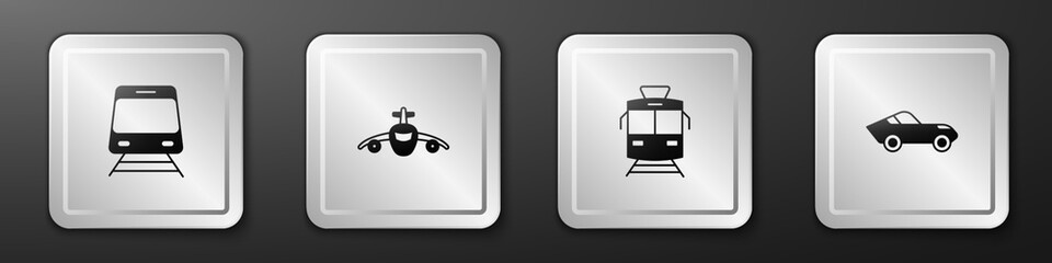 Set Train and railway, Plane, Tram and Car icon. Silver square button. Vector