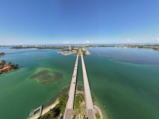 Aerial view of the roads across the sea. Saint Armands Key, Sarasota, Florida, United States.
