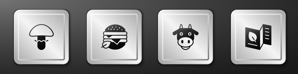 Set Mushroom, Vegan food diet, Cow head and Vegetarian menu icon. Silver square button. Vector