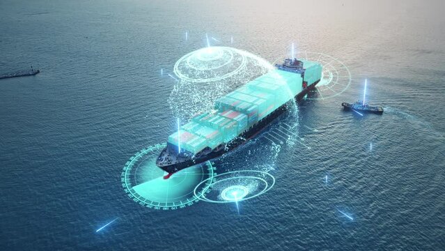 AI technology. Global Logistics international delivery concept, World map logistic and supply chain network distribution container Ship running for export import to customs cean concept technology