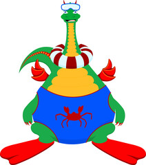 Funny baby dragon in a bathing suit and flippers for swimming. Summer dragon.
