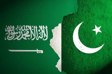 Saudi Arabia flag and Pakistan flag painting on wall - obrazy, fototapety, plakaty