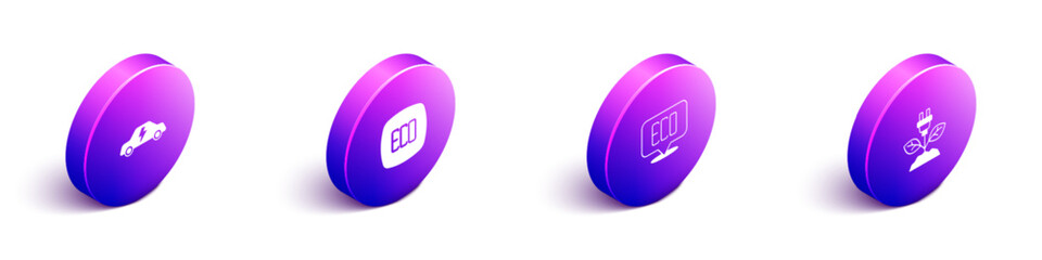 Set Isometric Electric car, Leaf Eco symbol, and saving plug in leaf icon. Vector