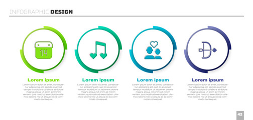 Set Calendar with February 14, Music note, tone hearts, Lover couple and Bow and arrow. Business infographic template. Vector