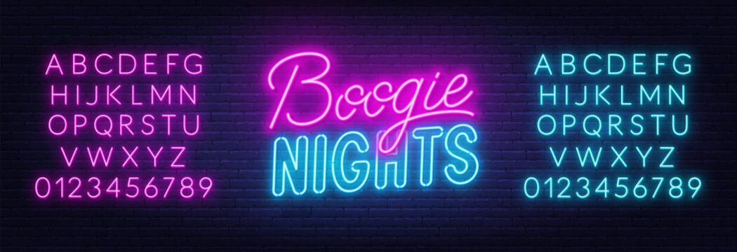 Boogie Night neon lettering on brick wall background.