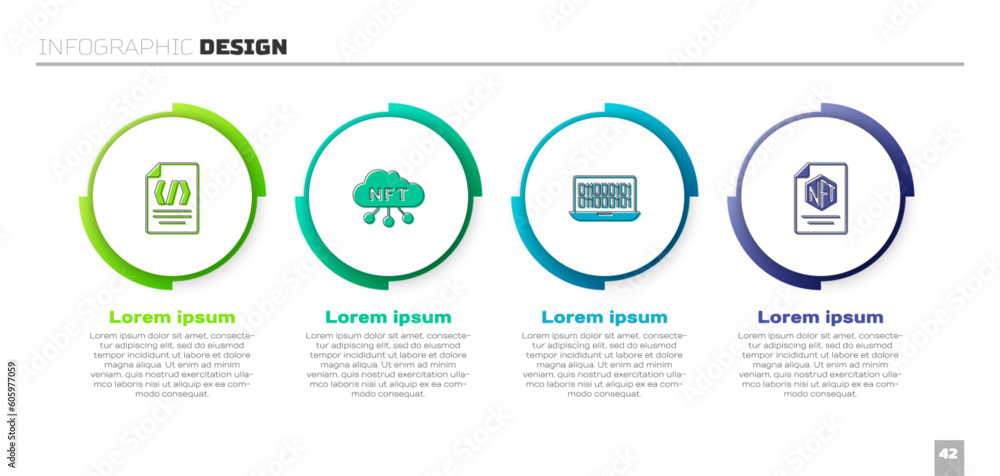 Poster set binary code, nft cloud, and contract. business infographic template. vector