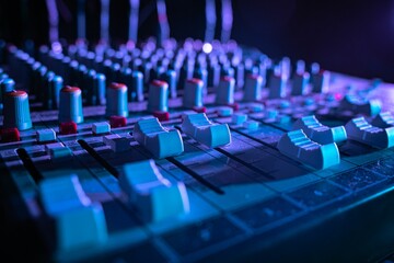 Close-up shot of an audio mixer in a studio