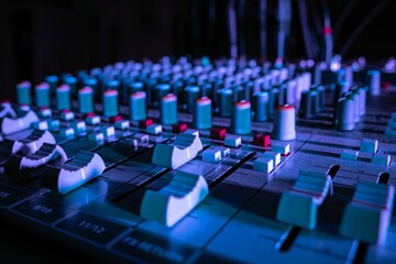 Obraz premium Close-up shot of an audio mixer in a studio