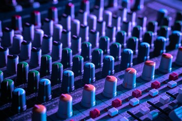 Obraz premium Close-up shot of an audio mixer in a studio