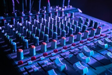 Obraz premium Close-up shot of an audio mixer in a studio