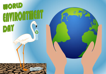 Día mundial del medio ambiente. Un flamenco reciclando una botella de plástico, bajo sus pies la tierra seca. Dos manos sujetando el planeta Tierra en señal de protección © Montsilus