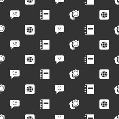 Set Telephone handset with shield, Worldwide, Sad smile and Notebook on seamless pattern. Vector