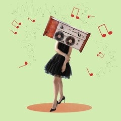 girl in a retro tape recorder instead of a head in a black dress. Sural modern collage. Art art with notes. pop Art