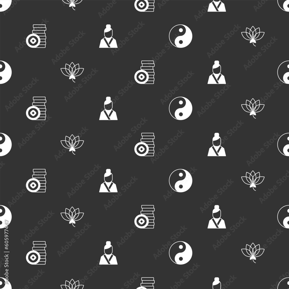 Wall mural Set Yin Yang symbol, Lotus flower, Chinese Yuan currency and Asian woman on seamless pattern. Vector