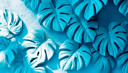 A monochrome light blue background with plaster wall texture and  3D tropical leaves. Generative AI backdrop