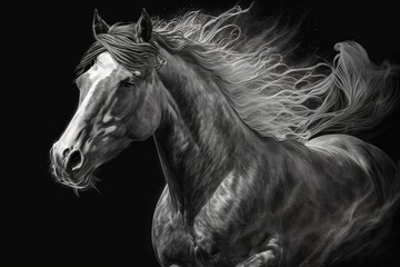 Fototapeta na wymiar Black and white horse portrait in motion, hyperrealism, photorealism, photorealistic